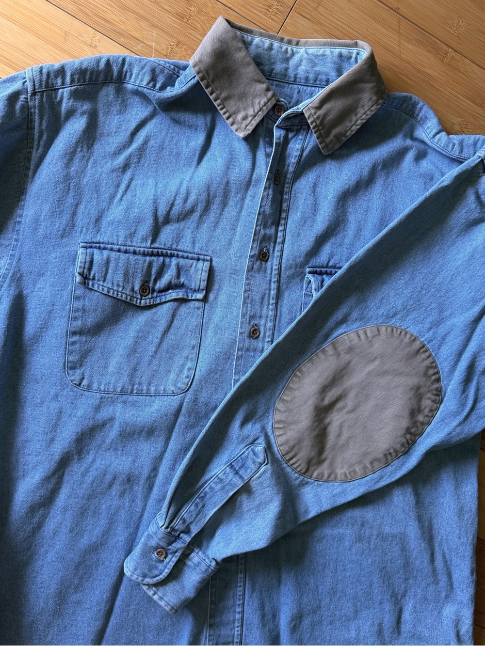 Ruff Hewn Denim Shirt Button Down Elbow Patch Western Workwear Ranch Style
